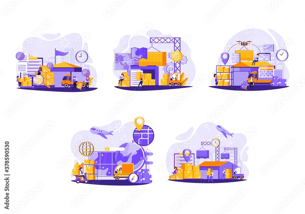 Naklejka premium Warehouse storage and shipping logistics. Storage and transportation cargo, delivery and shipping illustration. Vector illustration