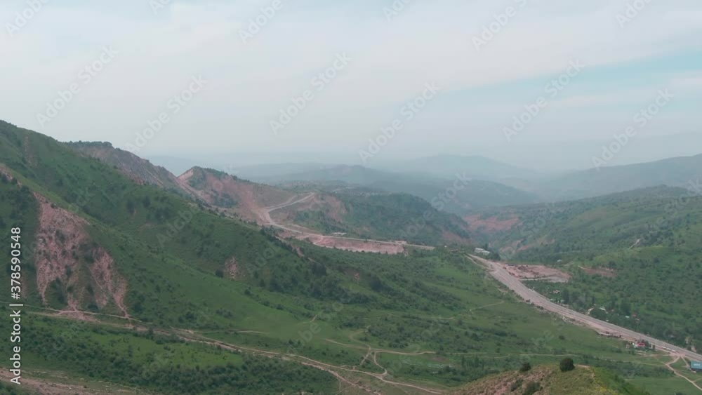 Central Asia mountain landscape panorama in early morning, shot by drone Central Asia mountain landscape panorama in early morning, shot by drone