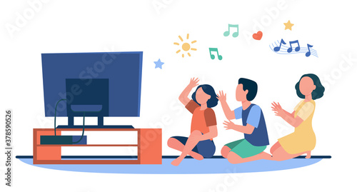 Happy people sitting on floor and listening music channel. TV  home  friend flat vector illustration. Leisure and entertainment concept for banner  website design or landing web page
