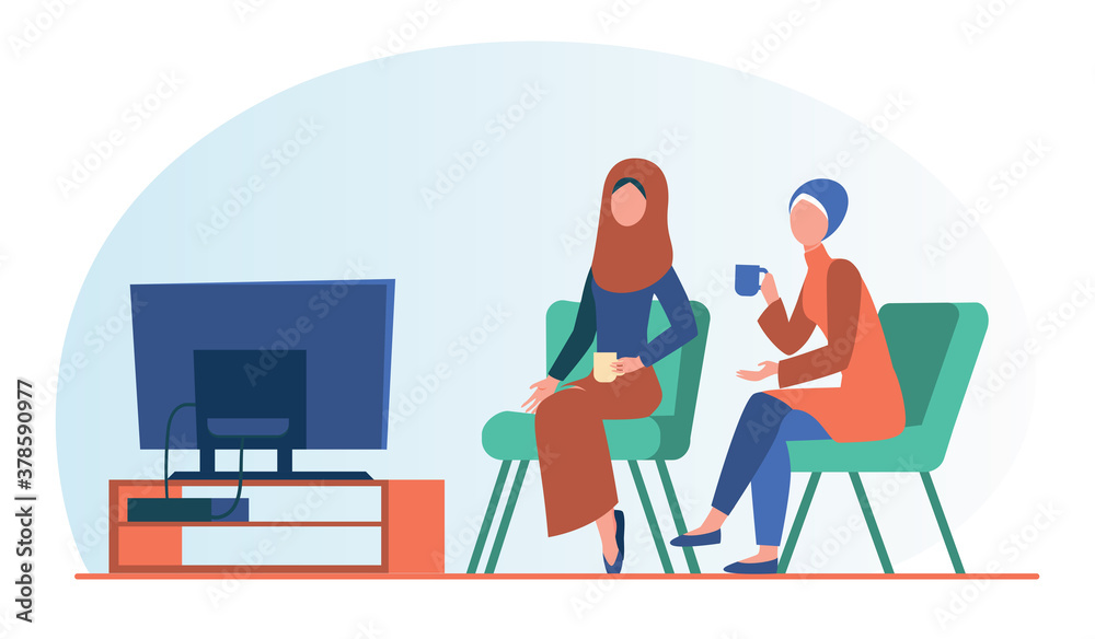 Muslim women sitting and watching TV. Tea, hijab, home flat vector illustration. Leisure and entertainment concept for banner, website design or landing web page