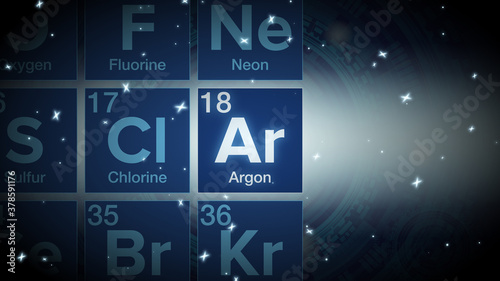 Close up of the Argon symbol in the periodic table, tech space environment.