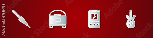 Set Audio jack, Stereo speaker, Music player and Electric bass guitar icon. Vector.