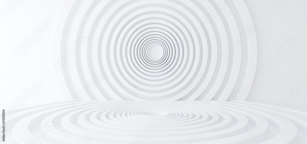 Luxury parametric abstract architectural minimalistic background. Contemporary showroom. Modern white exhibition Empty gallery. Stand. Interior backlight. 3D illustration and rendering.