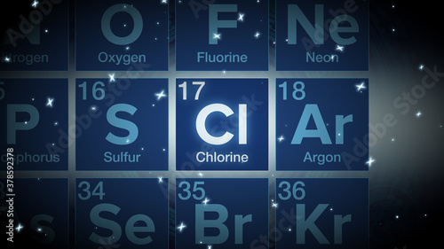 Close up of the Chlorine symbol in the periodic table, tech space environment.