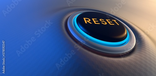 Obraz na płótnie Orange and blue glowing reset button on metallic background. 3D rendering