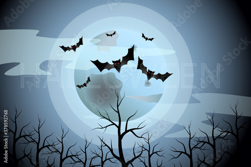 halloween background with pumpkin bat Dead wood  fog and suppermoon. Illustration Halloween cartoon 