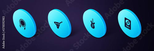Set Isometric MP3 file document, Electric bass guitar, and Audio jack icon. Vector.