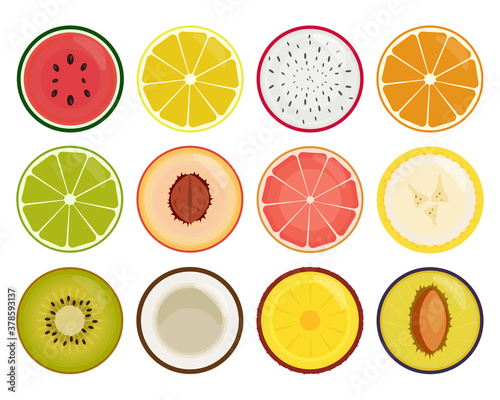 Fruit slices icons isolated on white background. Vector illustration of lemon, watermelon, dragon fruit, orange, lime, peach, grapefruit, banana, kiwi, coconut, pineapple and plum slices