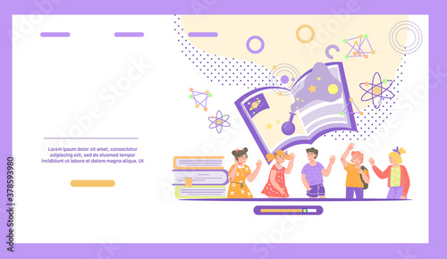 Web banner for children natural science, physics or chemistry classes, flat vector illustration. Website for online education and e-learning with kids among science symbols.