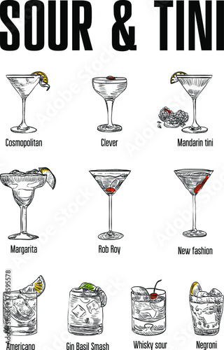Drawn alcoholic cocktails for use in restaurant or cafe bar menu