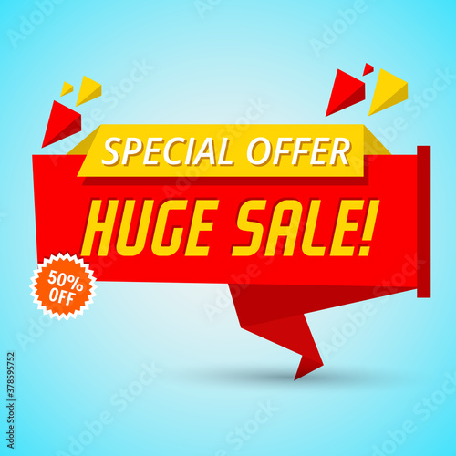 huge sale banner template.huge sale announcement.special offer.huge sale icon in bright red and yellow color with light shaded background.vector illustration. 