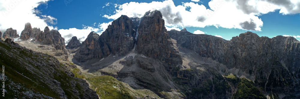 Gardena Pass in Italy Dolomites Alps nice weather extra wide panorama