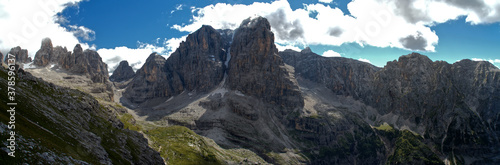 Gardena Pass in Italy Dolomites Alps nice weather extra wide panorama