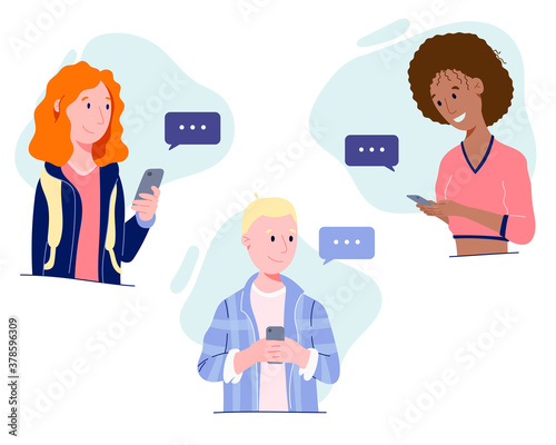 Vector flat illustration. Man and women with a phone and a cloud with a message. New normal.