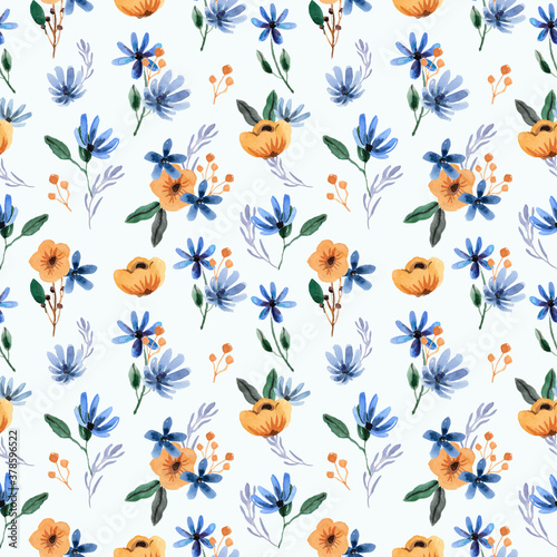 Beautiful Blue and Yellow Floral Watercolor Seamless pattern
