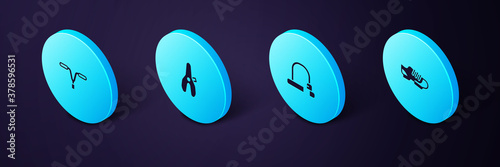 Set Isometric Bicycle shoes, lock, seat and handlebar icon. Vector.