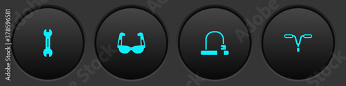 Set Wrench spanner, Sport cycling sunglasses, Bicycle lock and handlebar icon. Vector.