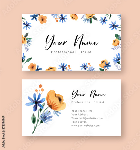 Yellow and Blue Floral Watercolor Name Card Template