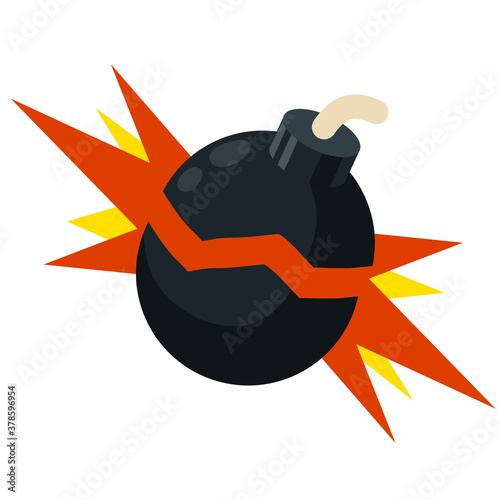 Flat black round bomb with rope wick isolated on white. Army weapon and ammunition armament. Explosive dynamite. Terrorism threat. Defense and attack. Vector cartoon danger object illustration