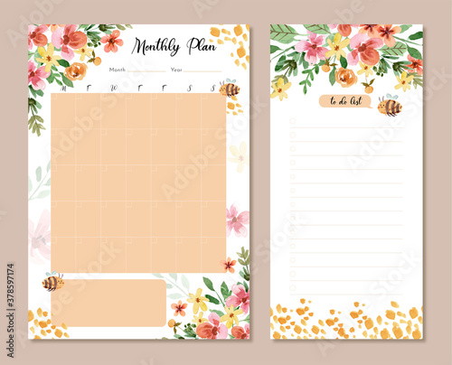 Yellow Florals and Bees Watercolor Monthly Plan and To Do List