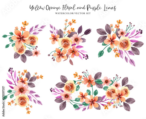 Yellow Orange Floral and Purple Leaves Watercolor Vector set