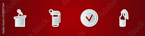 Set Stage stand or tribune, Hand grenade, Check mark in round and Cocktail molotov icon. Vector.