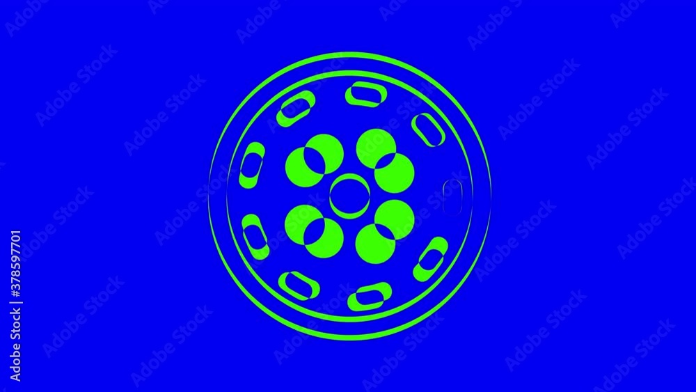 Two colored and overlapping graphic objects, which rotate in the two opposite directions to the center, varying in size, on a background with a hypnotic, psychedelic and stroboscopic effect. Two colored and overlapping graphic objects, which rotate in the two opposite directions to the center, varying in size, on a background with a hypnotic, psychedelic and stroboscopic effect.