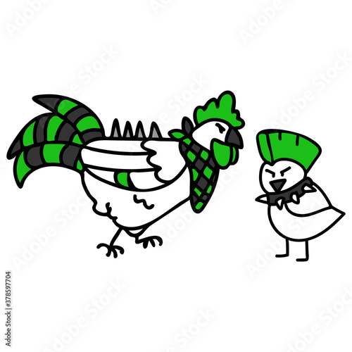 Punk rock cockerel chicken and chick vector illustration clipart. Simple alternative sticker. Kids emo rocker cute hand drawn cartoon animal with attitude motif. 