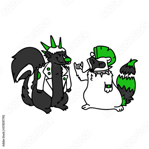 Punk rock skunk and raccoon with mohawk vector illustration clipart. Simple alternative sticker. Kids emo rocker cute hand drawn cartoon animal motif. 