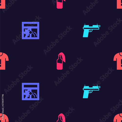 Set Pistol or gun, Broken window, Cocktail molotov and T-shirt protest on seamless pattern. Vector.