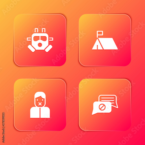 Set Gas mask, Protest camp, Censor and freedom of speech and Speech bubble chat icon. Vector.