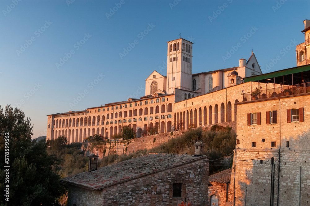 Italy, Assisi, panoramic view of the basilica of san francesco in the afternoon