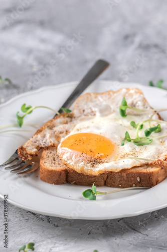 Hot toasts with fried eggs and herbs on light background