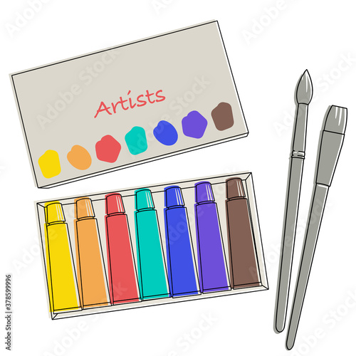 Art materials: brushes and tubes of paint: watercolor, oil or acrylic.