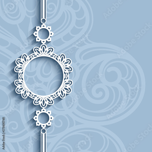 Round lace frame, cutout paper circle decoration on ornamental background. Elegant wedding invitation or birthday greeting card design. Laser cutting template. Place for text.
