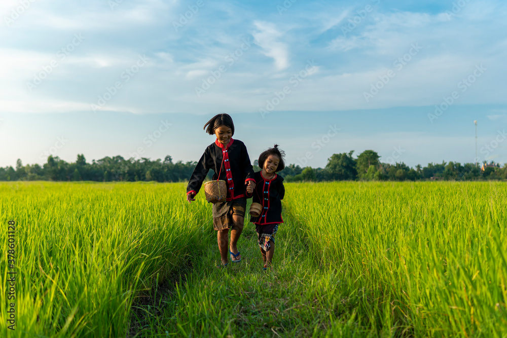 Two young girls dressed in local costumes were walking hand in hand, In the middle of the green rice fields. Two young girls dressed in local costumes were walking hand in hand, In the middle of the green rice fields.