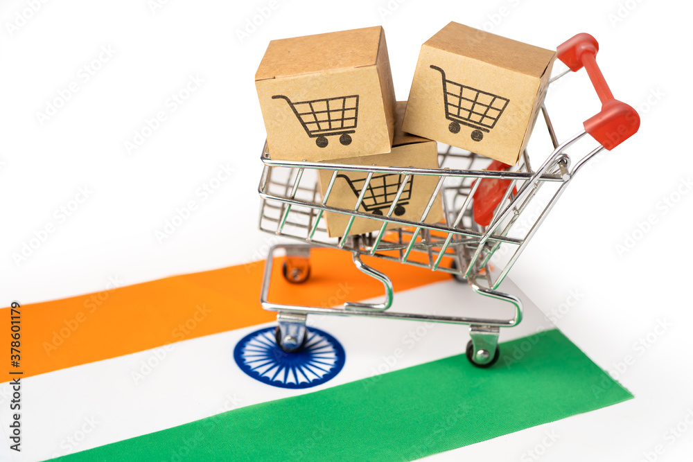 Box with shopping cart logo and India flag, Import Export Shopping online or eCommerce finance delivery service store product shipping, trade, supplier concept.