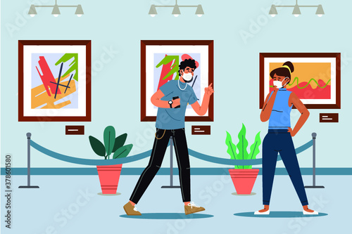 Visitors of classic art gallery or museum viewing exhibits. People or tourists looking at paintings at exhibition. Men and women enjoying artworks.