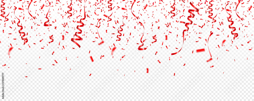 Christmas, Valentines day red confetti with ribbon on transparent background. Falling shiny glitter. Festive party design elements.