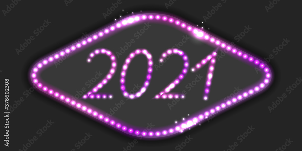 Glowing 2021 sign with neon led light effect. Happy New Year decoration design element. Shiny luminous particles, purple number in frame on dark background. Vector illustration