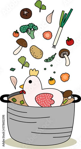 Cartoon of chicken clear soup with vegetable and herb. Simple cute hand draw line vector and minimal icons flat style character illustration.
