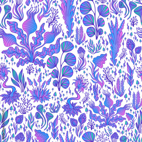Fantasy abstract colorful plants seamless pattern  gradient pink blue color  isolated on white background.