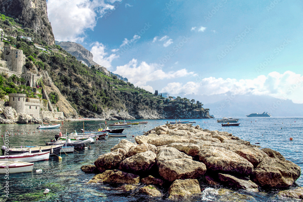 Amalfi Coast Landscape - mountains, ocean and blue sky