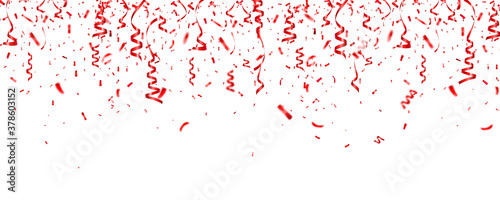 Christmas  Valentines day red confetti with ribbon on white background. Falling shiny glitter. Festive party design elements.