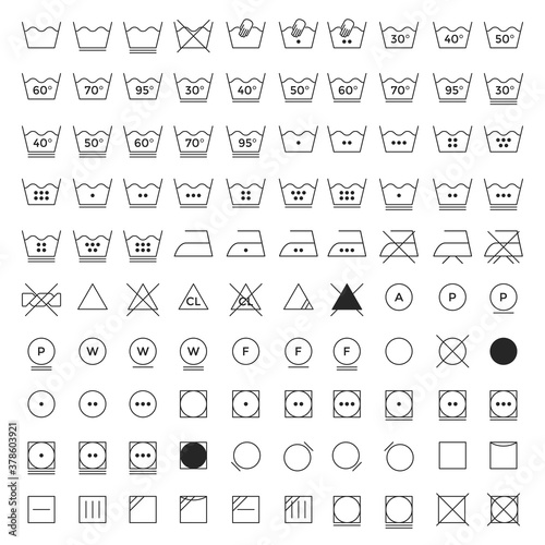 Vector illustration of 100 laundry symbols. Fully editable line icons for cloth tags, packaging design and other projects.