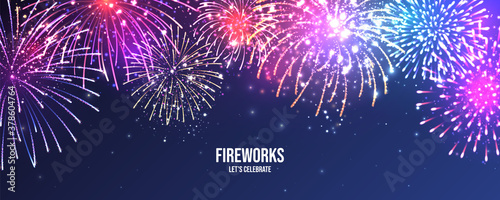 Festive fireworks. Realistic colorful firework. Christmas or New Year greeting card. Diwali festival of lights. Vector illustration.