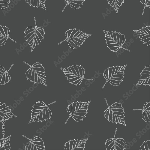 White contour birch leaf on a gray background. Seamless pattern