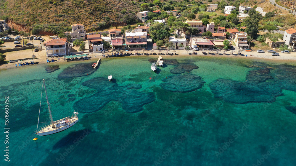 Aerial drone photo of seaside picturesque village of Porto Kagio in the southmost part of Mani peninsula, Peloponnese, Lakonia, Greece