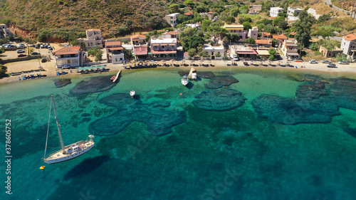 Aerial drone photo of seaside picturesque village of Porto Kagio in the southmost part of Mani peninsula, Peloponnese, Lakonia, Greece