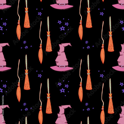 Witch broom and witchy hat vector seamless pattern. Witchy background for halloween design. Magic school concept. EPS 8.
